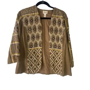 Chico's Size Medium Linen Beaded Brown‎ Boho 3/4 Sleeve Blazer